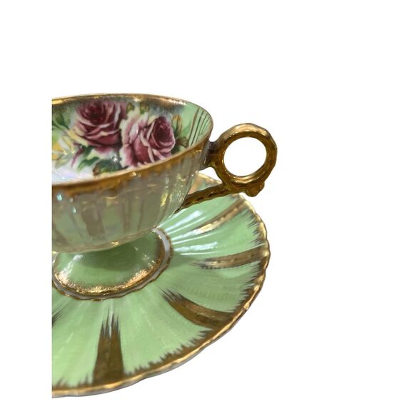 Vintage Royal Sealy Teacup & Saucer Mint Green Gold Iridescent Roses Japan Rare - Picture 9 of 16